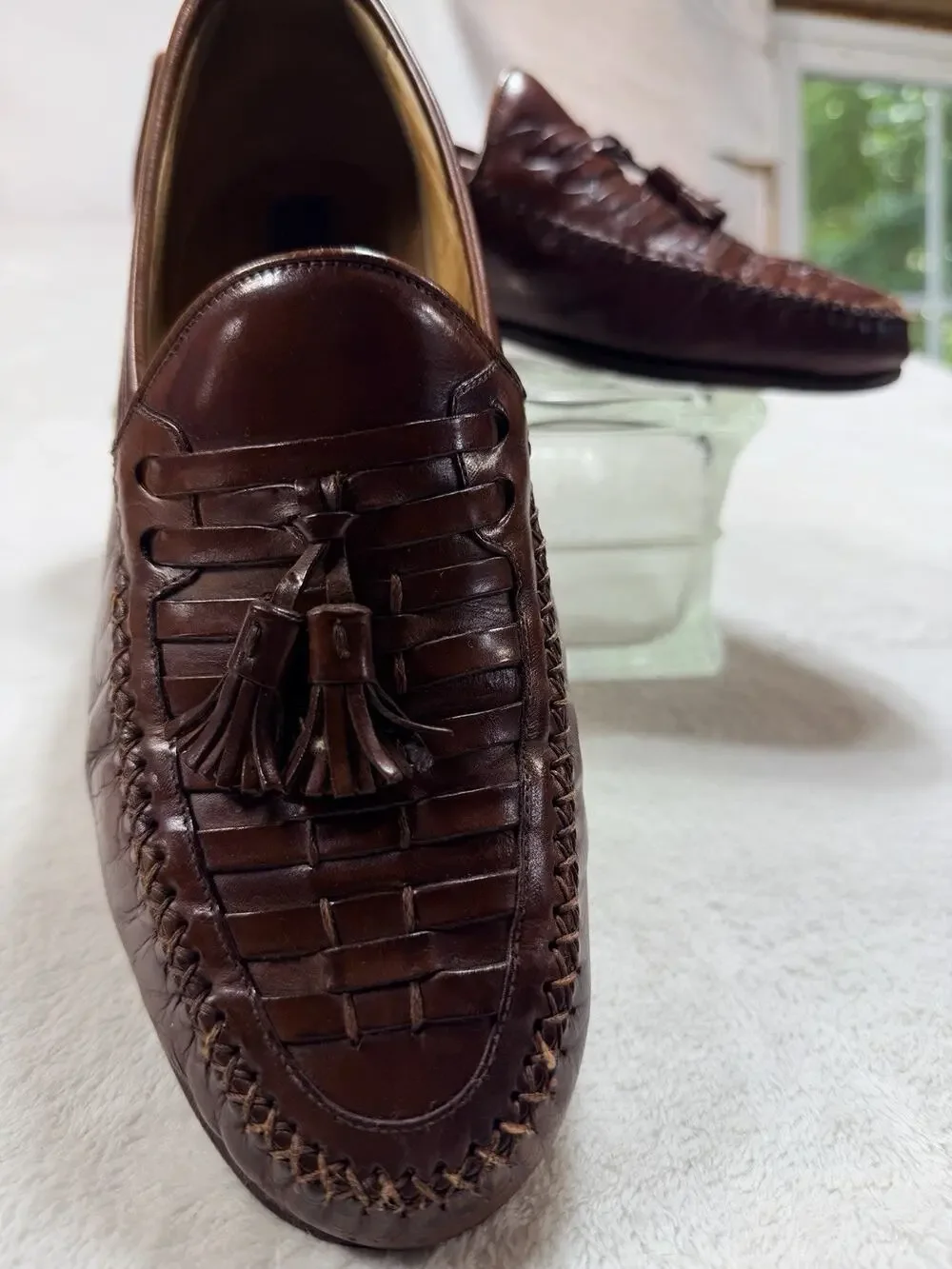VTG Johnston & Murphy Italy Woven Leather Tassel Loafers Mens SZ 9 M Cognac